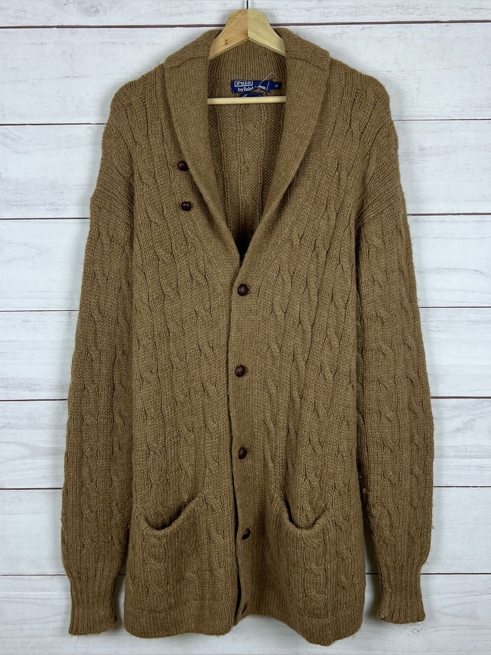Vintage Ralph Lauren Knit Cardigan Sweater 100% Alpaca Brown Mens XL RARE Shawl